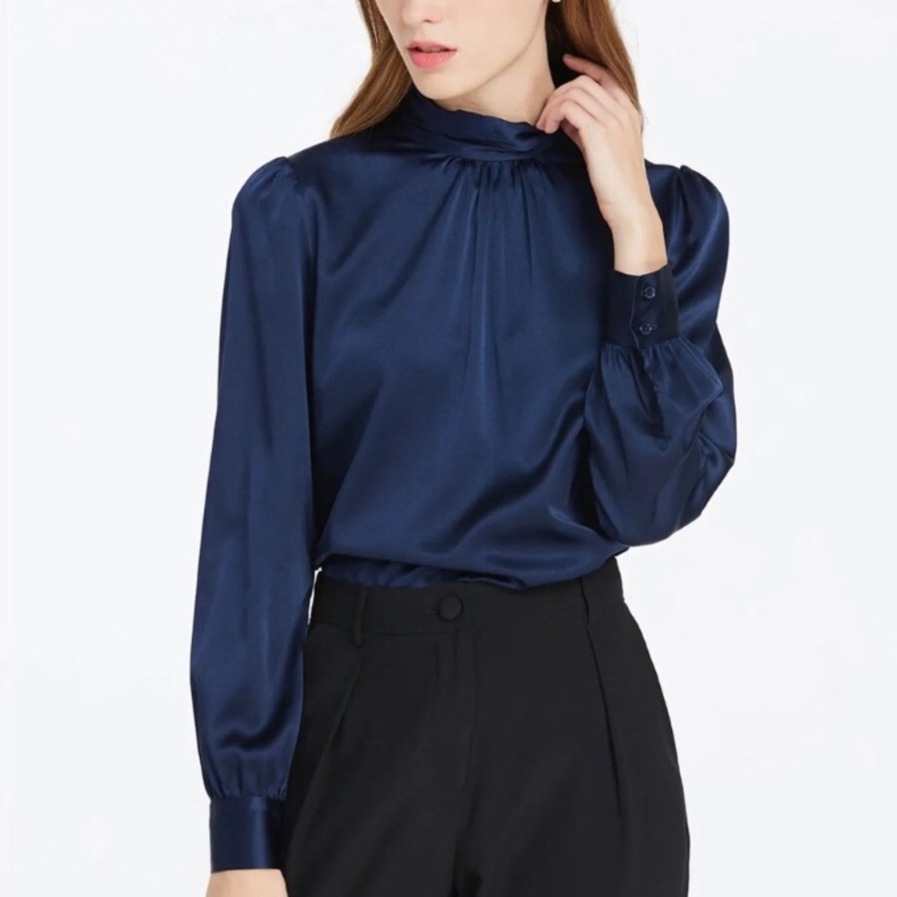 LILYSILK | Retro Style Silk Blouse in Navy Blue Sz SM - NWOT